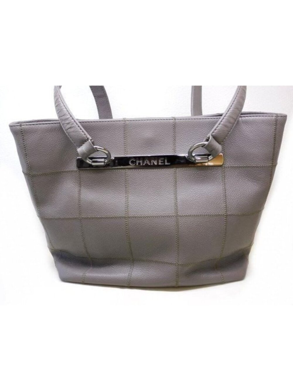 Chanel Choco Bar Stitch Tote Gray Caviar Leather Logo Silver
